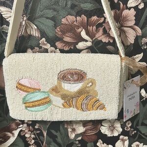 Handcrafted Beaded Macaroon Coffee Croissant Shoulder Bag Purse Cream India Made